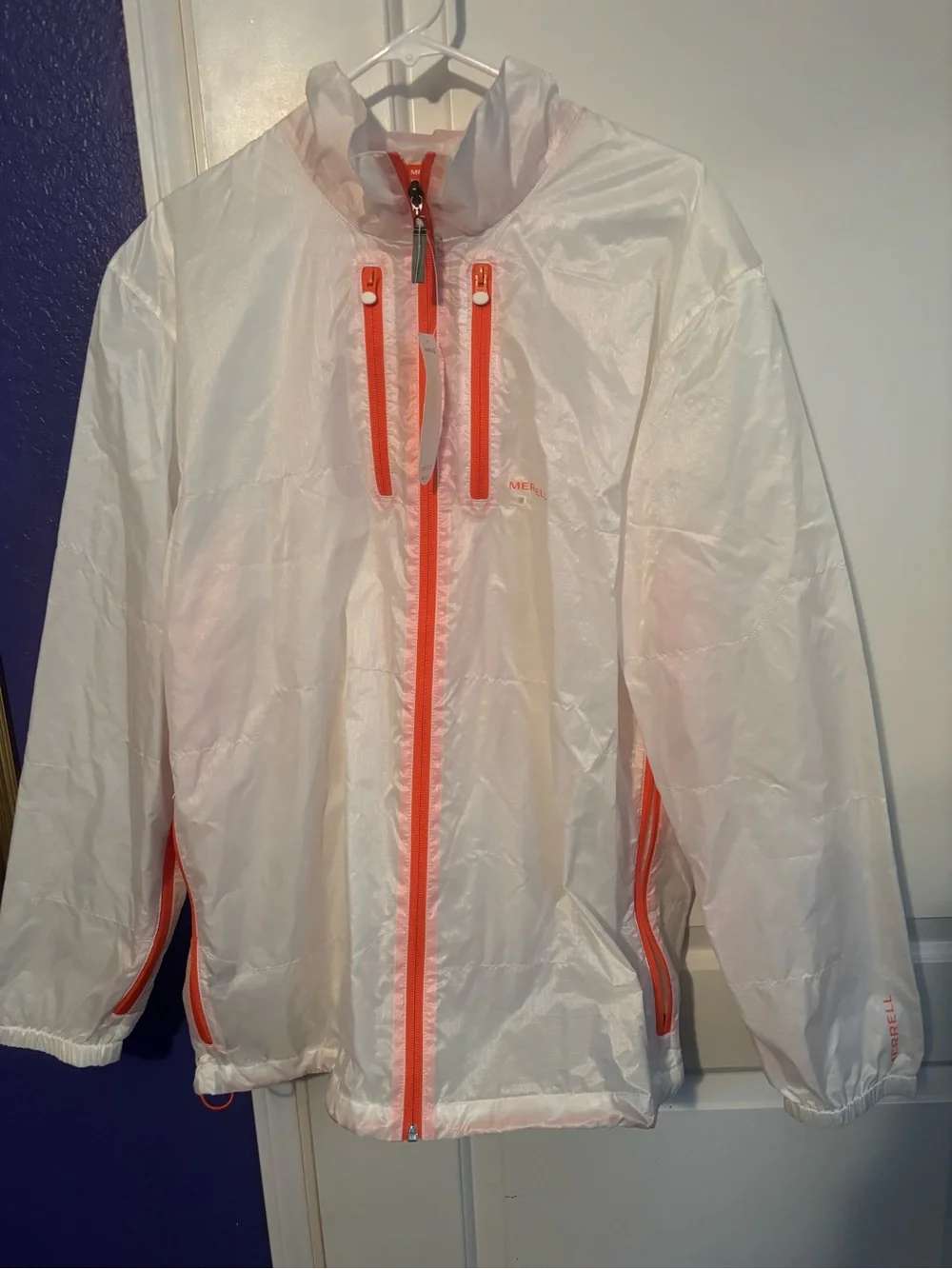 White Windbreaker Jacket with Neon Coral Zippers
